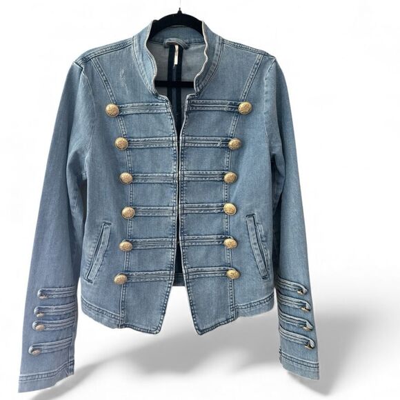 Free People Women's Fitted Military Denim Jean Jacket Indigo Blue Size Large - Picture 3 of 9